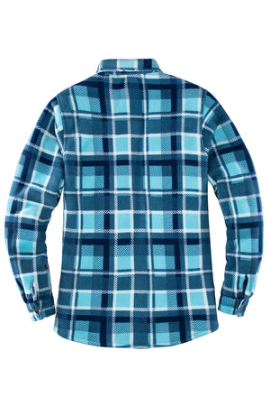 Back view of a women's royal blue warm plaid shacket with sherpa lined