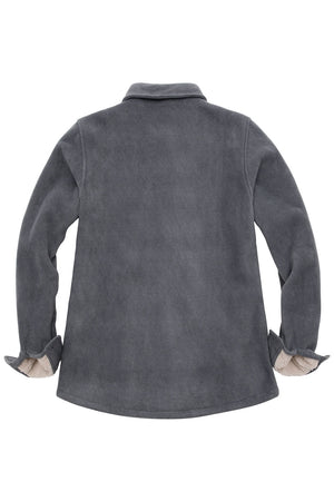 Back view of a womens light grey button down soft fleece shirt jacket
