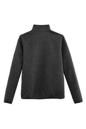 Back view of a womens long sleeves solid black quilted fleece shirt pullover