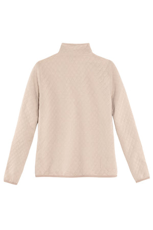Back view of a womens long sleeves light khaki quilted fleece shirt pullover