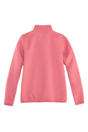 Back view of a womens long sleeves pink quilted fleece shirt pullover