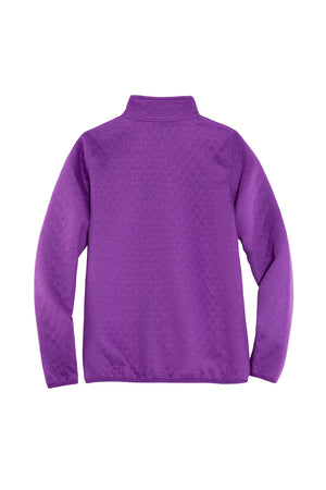 Back view of a womens long sleeves purple quilted fleece shirt pullover