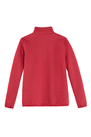 Back view of a womens long sleeves red quilted fleece shirt pullover
