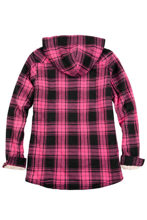 Back view of a womens pink white long sleeves soft plaid jacket with hood