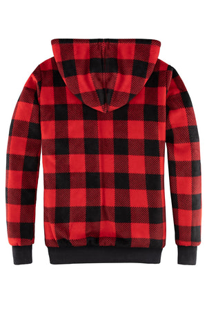 Back view of a womens red long sleeves hooded jacket with sherpa lined