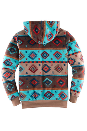Back view of women in a blue brown sherpa lined hoodie sweatshirt