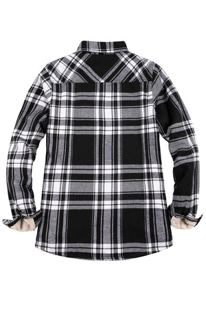Back view of women's black white winter flannel shacket with sherpa lined