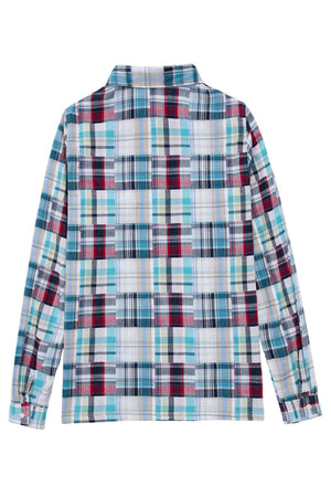 Back view of womens irregular blue plaid long-sleeves patchwork style shirt