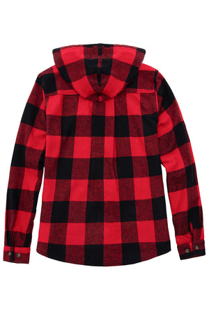 Back view of womens red black cozy cotton plaid flannel hoodie