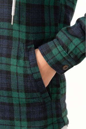 Close-up of women's green black sherpa lined flannel plaid hooded hand pocket