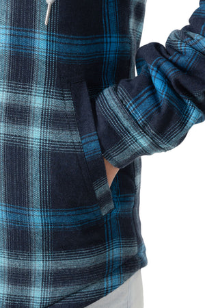 Close-up of womens blue navy sherpa lined flannel plaid hooded hand pocket
