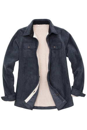 Front view of a women's dark gray cozy sherpa-lined fleece shirt jacket