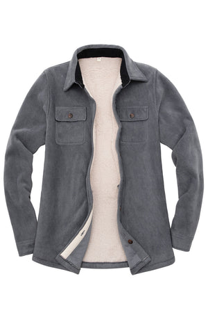 Front view of a women's light grey cozy sherpa-lined fleece shirt jacket