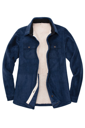 Front view of a women's navy cozy sherpa-lined fleece shirt jacket