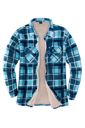 Front view of a women's royal blue button up plaid shacket with sherpa lined