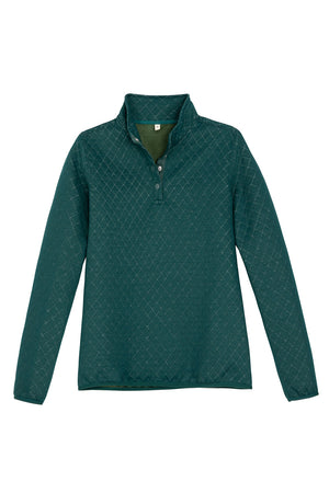Front view of a women's winter dark green 1/4 fleece quilted shirt pullover