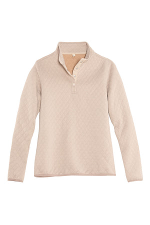 Front view of a women's winter light khaki 1/4 fleece quilted shirt pullover