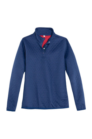 Front view of a women's winter navy 1/4 fleece quilted shirt pullover