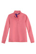 Front view of a women's winter pink 1/4 fleece quilted shirt pullover