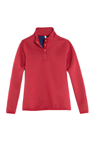 Front view of a women's winter red 1/4 fleece quilted shirt pullover