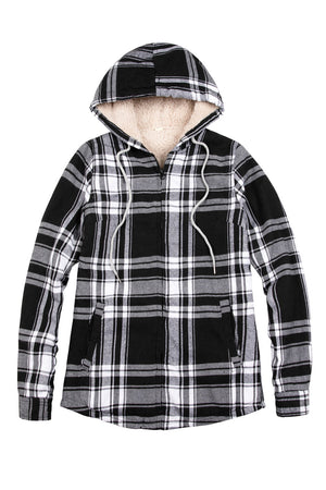 Front view of a womens black white full zip jacket hooded with sherpa lined