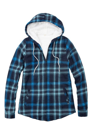 Front view of a womens blue navy full zip jacket hooded with sherpa lined