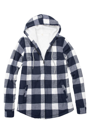 Front view of a womens buffalo navy white warm sherpa lined hooded jacket
