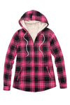 Front view of a womens pink full zip up jacket hooded with sherpa lined