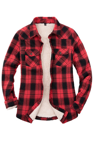 Front view of women's red flannel shirt jacket with sherpa lined