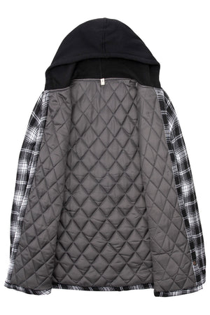 Open view of a women white and black winter quilted lined plaid hooded
