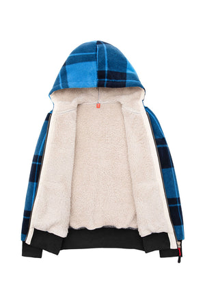 Detail of kids blue black full zip hooded jacket with soft sherpa lining