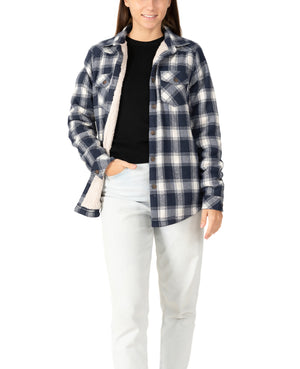 Winter navy blue sherpa lined flannel shacket for women