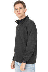 Side view of boy in charcoal heather mountain outdoor shirt