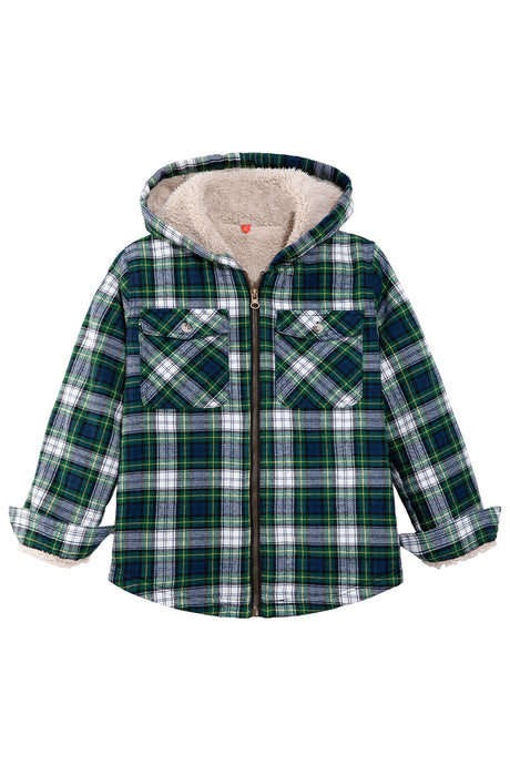 Front view of girls green full zip flannel jacket