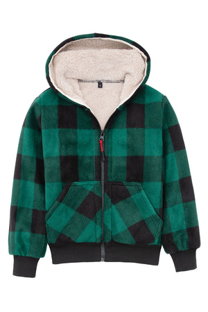 Front view of kids green black sherpa lined hooded jacket