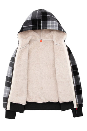 Detail of soft sherpa lining on kids black grey hooded jacket