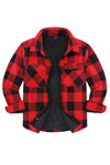 Front view of boys red buffalo plaid shirt jacket
