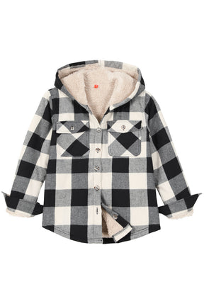 Front view of boys black beige flannel jacket for ourdoor