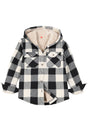Front view of boys black beige flannel jacket for ourdoor