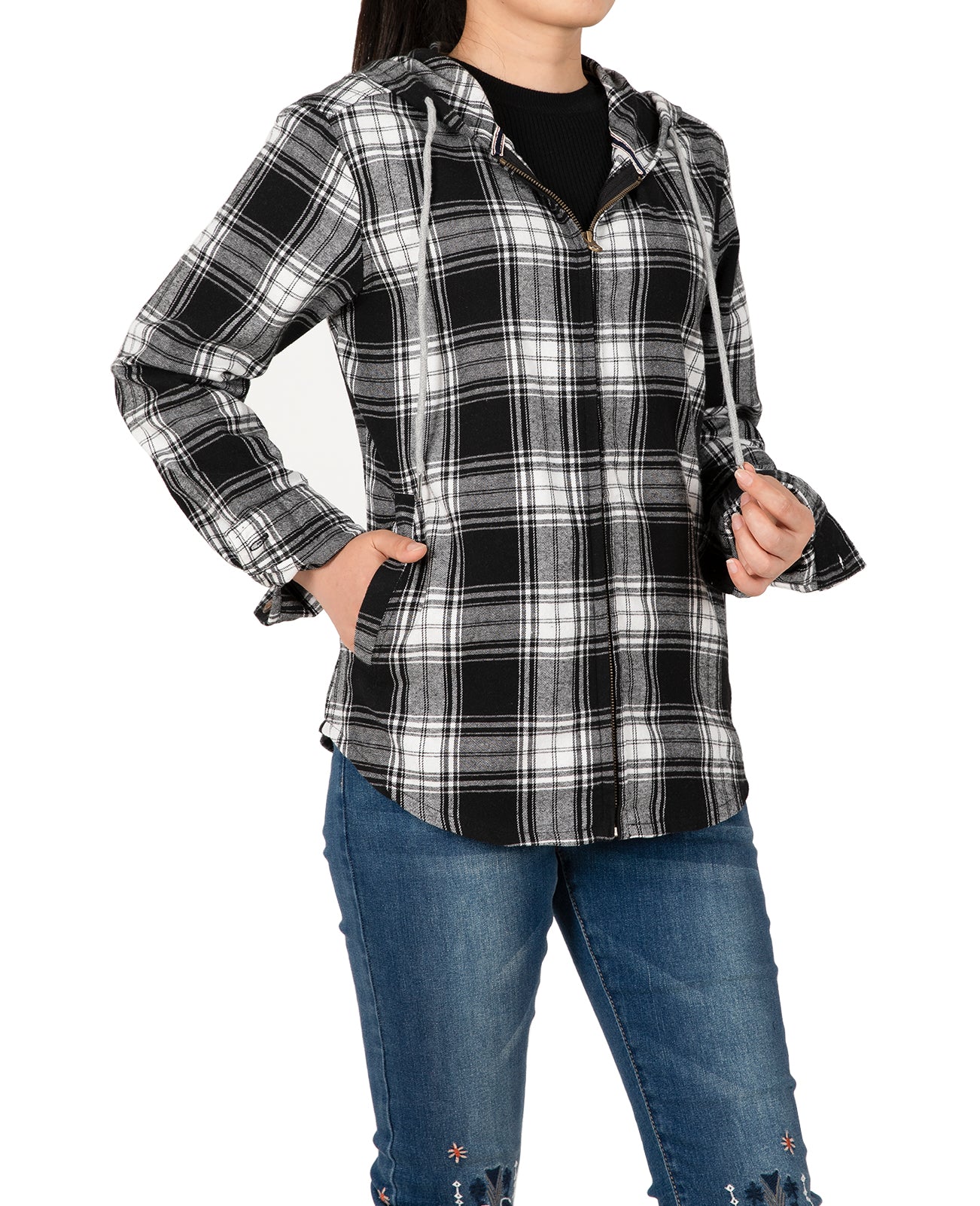 Women's Hooded Plaid Brushed Flannel Shirt,Full Zip Flannel Hoodie