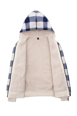 Detail of kids navy white full zip hooded jacket with sherpa lining