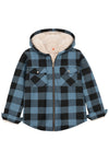 Front view of boys blue black hooded flannel jacket