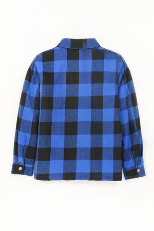 Back view of checkered blue toddler sherpa lined flannel plaid shacket