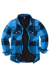Front view of boys blue flannel shirt jacket