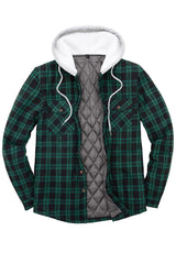 Front view of dark green men's button down plaid flannel shirt jacket