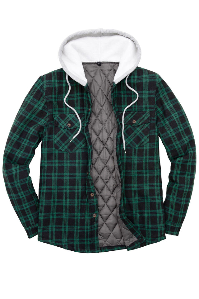 Front view of dark green men's button down plaid flannel shirt jacket
