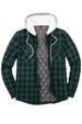 Front view of dark green men's button down plaid flannel shirt jacket