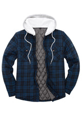 Front view of navy men's button down plaid flannel shirt jacket