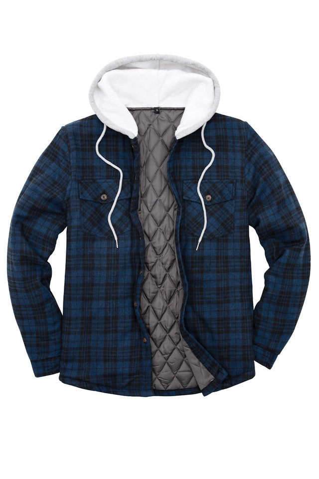 Front view of navy men's button down plaid flannel shirt jacket