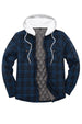 Front view of navy men's button down plaid flannel shirt jacket